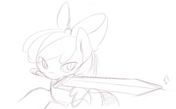 Size: 1072x666 | Tagged: safe, artist:ende26, imported from derpibooru, apple bloom, earth pony, pony, female, filly, sketch, solo, sword, weapon