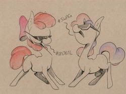 Size: 1280x957 | Tagged: safe, artist:getchanoodlewet, imported from derpibooru, apple bloom, sweetie belle, earth pony, pony, unicorn, cool, female, filly, glasses, shutter shades, sunglasses, traditional art