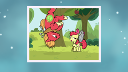 Size: 1136x640 | Tagged: safe, artist:sunsetshimmertrainz1, imported from derpibooru, apple bloom, big macintosh, earth pony, pony, going to seed, apple, apple tree, big macintosh is not amused, brother and sister, duo, female, filly, male, siblings, stallion, trap (device), tree, upside down