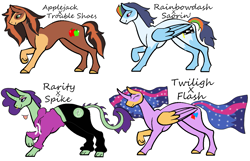 Size: 1269x817 | Tagged: safe, artist:kiaraxkovu27, imported from derpibooru, oc, oc only, alicorn, dracony, earth pony, hybrid, pegasus, pony, interspecies offspring, offspring, parent:applejack, parent:flash sentry, parent:rainbow dash, parent:rarity, parent:soarin', parent:spike, parent:trouble shoes, parent:twilight sparkle, parents:flashlight, parents:soarindash, parents:sparity, parents:troublejack, simple background, white background