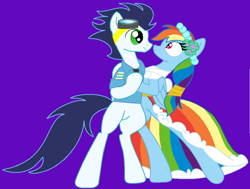 Size: 1000x757 | Tagged: safe, artist:celestia2590, imported from derpibooru, rainbow dash, soarin', bipedal, clothes, dancing, dress, female, gala dress, male, shipping, soarindash, straight, uniform, wonderbolts dress uniform