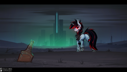 Size: 5093x2894 | Tagged: safe, artist:justafallingstar, imported from derpibooru, oc, oc only, oc:blackjack, cyborg, pony, unicorn, fallout equestria, fallout equestria: project horizons, amputee, augmented, butt, cloud, cyber legs, cybernetic legs, dock, fanfic art, female, hoofington, horn, level 1 (project horizons), looking back, mare, plot, scenery, sky, solo, tail, the core, triangle, wasteland