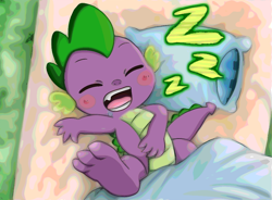 Size: 970x715 | Tagged: safe, artist:star island, imported from derpibooru, spike, dragon, bed, blanket, blush sticker, blushing, cute, drool, eyes closed, feet, onomatopoeia, open mouth, paws, pillow, sleeping, snoring, sound effects, spikabetes, underpaw, zzz