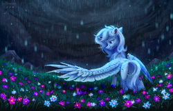 Size: 3500x2247 | Tagged: safe, artist:teaflower300, imported from derpibooru, oc, oc only, alicorn, pony, alicorn oc, curved horn, flower, high res, horn, rain, solo, wings