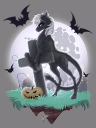 Size: 1950x2600 | Tagged: safe, alternate version, artist:dementra369, imported from derpibooru, oc, oc only, oc:hara, monster pony, original species, pony, tatzlpony, commission, graveyard, halloween, holiday, pumpkin, solo, ych result