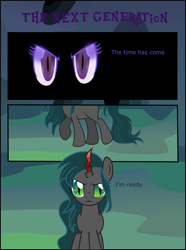 Size: 1783x2392 | Tagged: safe, artist:shootingstarsentry, imported from derpibooru, oc, oc only, oc:nightshade (digimonlover101), changepony, hybrid, pony, comic:the next generation, comic, female, interspecies offspring, offspring, parent:king sombra, parent:queen chrysalis, parents:chrysombra, solo