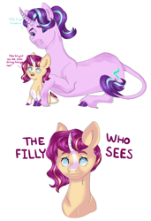 Size: 2048x3000 | Tagged: safe, artist:rainydayjitters, imported from derpibooru, starlight glimmer, oc, oc:sundown dawn, pony, unicorn, backwards cutie mark, blind, colored hooves, curved horn, female, filly, high res, horn, leonine tail, lying down, offspring, parent:starlight glimmer, parent:sunburst, parents:starburst, prone, simple background, tail, unshorn fetlocks, white background