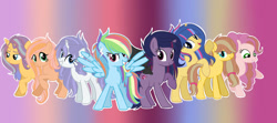 Size: 1280x566 | Tagged: safe, artist:miidnightsparkle, imported from derpibooru, oc, oc only, oc:butterfly, oc:caramel cherry, oc:night sparkle, oc:rainbow sirius, oc:saphir diamond, oc:silver sentry, oc:strawberry pie, alicorn, earth pony, pegasus, pony, unicorn, base used, next generation, offspring, parent:applejack, parent:big macintosh, parent:caramel, parent:cheese sandwich, parent:double diamond, parent:flash sentry, parent:fluttershy, parent:king sombra, parent:pinkie pie, parent:rainbow dash, parent:rarity, parent:soarin', parent:twilight sparkle, parents:carajack, parents:cheesepie, parents:diamond duo, parents:flashlight, parents:fluttermac, parents:soarindash, parents:twibra, pose, rearing, spread wings, wings