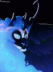 Size: 567x768 | Tagged: source needed, safe, artist:pigeorgien, imported from derpibooru, nightmare moon, alicorn, pony, angry, ethereal mane, fangs, female, helmet, mare, solo, wings