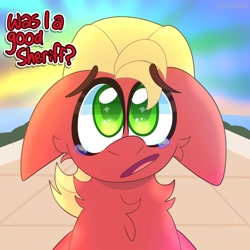 Size: 2000x2000 | Tagged: safe, artist:saveraedae, imported from derpibooru, sprout cloverleaf, earth pony, pony, spoiler:my little pony: a new generation, crying, cute, dialogue, g5, high res, male, my little pony: a new generation, offscreen character, pov, puppy dog eyes, sad, sad sprout, scene interpretation, solo, sparkly eyes, sproutbetes, stallion, wingding eyes