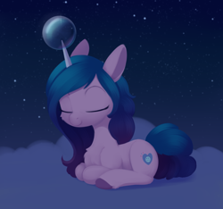 Size: 1158x1082 | Tagged: safe, artist:dusthiel, imported from derpibooru, izzy moonbow, pony, crystal ball, eyes closed, g5, horn, horn impalement, izzy impaling things, lying down, magic, my little pony: a new generation, ponytober, prone, solo