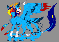 Size: 960x688 | Tagged: safe, artist:primarylilybrisk, imported from derpibooru, oc, oc only, oc:primarylily brisk, pegasus, pony, chest fluff, claws, coat markings, colored, colored wings, fangs, flat colors, gradient background, horn, male, slit pupils, solo, spread wings, stallion, tail, tail feathers, wing claws, wings
