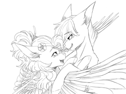 Size: 960x719 | Tagged: safe, artist:primarylilybrisk, imported from derpibooru, oc, oc only, pegasus, pony, duo, flower, flower in hair, looking at each other, monochrome, signature