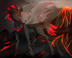 Size: 960x777 | Tagged: safe, artist:primarylilybrisk, imported from derpibooru, oc, oc only, changeling, changeling oc, fangs, jewelry, pendant, red changeling, solo, standing, tongue out, volcano