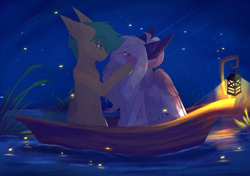 Size: 1900x1337 | Tagged: safe, artist:primarylilybrisk, imported from derpibooru, oc, oc only, earth pony, firefly (insect), insect, pegasus, pony, blushing, boat, chest fluff, colored ears, duo, female, lantern, looking at each other, male, mare, night, night sky, outdoors, signature, sitting, sky, stallion