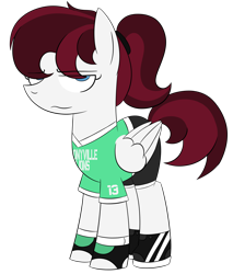 Size: 3400x4000 | Tagged: safe, alternate version, artist:pencilsparkreignited, imported from derpibooru, oc, oc only, oc:maxwell striker, pegasus, pony, alternate hairstyle, blue eyes, cleets, clothes, female, football, futbol, gloves, goalie, goalkeeper, gym shorts, jersey, mare, maroon mane, ponytail, simple background, sports, teenager, transparent background, two toned mane, uniform, white coat