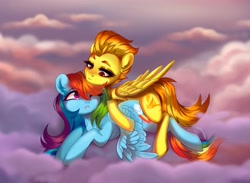 Size: 3235x2367 | Tagged: safe, artist:ijustmari, imported from derpibooru, rainbow dash, spitfire, pegasus, pony, cloud, cuddling, female, high res, lesbian, lying down, lying on a cloud, on a cloud, shipping, spitdash