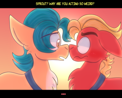 Size: 3000x2400 | Tagged: safe, artist:saveraedae, imported from derpibooru, hitch trailblazer, sprout cloverleaf, earth pony, pony, blushing, chest fluff, dialogue, eyebrows, eyebrows visible through hair, g5, gay, high res, hitchsprout, male, my little pony: a new generation, nose to nose, sash, shipping, shy, stallion, stallion on stallion, stupid sexy hitch trailblazer, sunset