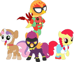 Size: 3565x2997 | Tagged: safe, artist:porygon2z, imported from derpibooru, apple bloom, scootaloo, sweetie belle, oc, oc:heatwave, clothes, costume, cutie mark crusaders, dc comics, dorothy gale, halloween, high res, holiday, nightmare night, pigtails, robin (dc comics), shadowbolt scootaloo, shadowbolts costume, simple background, teen titans, the wizard of oz, transparent background