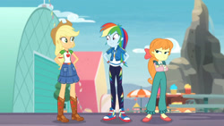 Size: 3410x1920 | Tagged: safe, imported from derpibooru, screencap, applejack, megan williams, rainbow dash, equestria girls, equestria girls series, rollercoaster of friendship, applejack's hat, belt, boots, clothes, converse, cowboy boots, cowboy hat, crossed arms, cutie mark, cutie mark on clothes, denim skirt, female, geode of super speed, geode of super strength, hand on hip, hat, high res, jewelry, magical geodes, necklace, shoes, skirt, smiling, sneakers