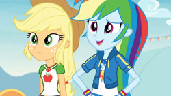 Size: 3410x1920 | Tagged: safe, imported from derpibooru, screencap, applejack, rainbow dash, equestria girls, equestria girls series, rollercoaster of friendship, applejack's hat, belt, clothes, cowboy hat, cutie mark, cutie mark on clothes, denim skirt, female, geode of super speed, geode of super strength, hand on hip, hat, high res, jewelry, magical geodes, necklace, open mouth, skirt