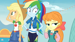 Size: 3410x1920 | Tagged: safe, imported from derpibooru, screencap, applejack, megan williams, rainbow dash, equestria girls, equestria girls series, rollercoaster of friendship, applejack's hat, belt, clothes, cowboy hat, cutie mark, cutie mark on clothes, denim skirt, female, geode of super speed, geode of super strength, hand on hip, hat, high res, jewelry, magical geodes, necklace, skirt