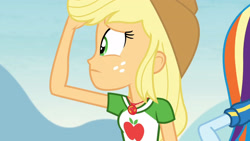 Size: 3410x1920 | Tagged: safe, imported from derpibooru, screencap, applejack, rainbow dash, equestria girls, equestria girls series, rollercoaster of friendship, applejack's hat, clothes, cowboy hat, cutie mark, cutie mark on clothes, female, geode of super strength, hat, high res, hoodie, jewelry, magical geodes, necklace, offscreen character