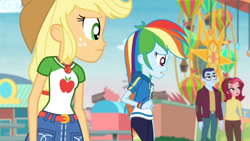 Size: 3410x1920 | Tagged: safe, imported from derpibooru, screencap, applejack, rainbow dash, equestria girls, equestria girls series, rollercoaster of friendship, applejack's hat, belt, clothes, cowboy hat, cutie mark, cutie mark on clothes, denim skirt, female, geode of super speed, geode of super strength, hat, high res, hoodie, jewelry, magical geodes, male, necklace, open mouth, skirt