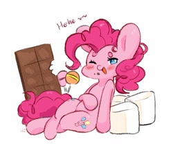 Size: 1363x1165 | Tagged: safe, imported from derpibooru, pinkie pie, earth pony, pony, blushing, candy, chocolate, cute, food, g4, lollipop, marshmallow, solo, sweet