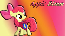 Size: 1920x1080 | Tagged: safe, artist:schocky, imported from derpibooru, apple bloom, earth pony, pony, cape, clothes, cmc cape, female, filly, solo, text, wallpaper