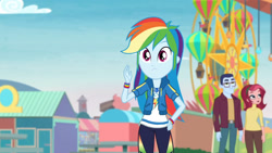 Size: 3410x1920 | Tagged: safe, imported from derpibooru, screencap, rainbow dash, equestria girls, equestria girls series, rollercoaster of friendship, clothes, cutie mark, cutie mark on clothes, female, geode of super speed, hand on hip, high res, hoodie, jewelry, magical geodes, male, necklace