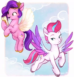 Size: 1966x2048 | Tagged: safe, artist:mn27, imported from derpibooru, pipp petals, zipp storm, pegasus, pony, adorapipp, adorazipp, cute, duo, female, flying, g5, phone, pog, pogchamp, poggers, royal sisters (g5), siblings, sisters, spread wings, wings