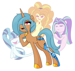 Size: 2485x2379 | Tagged: safe, artist:lilithgalac, imported from derpibooru, adagio dazzle, aria blaze, sonata dusk, oc, oc:low drone, pony, unicorn, high res, simple background, transparent background, unusual pupils