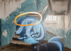 Size: 1778x1274 | Tagged: safe, artist:menalia, imported from derpibooru, oc, oc only, oc:freezy coldres, pony, unicorn, adidas, clothes, female, halo, horn, indoors, looking at you, mare, pants, russia, solo, staircase, stairs, text, tracksuit, window