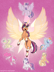Size: 1493x2000 | Tagged: safe, artist:inuhoshi-to-darkpen, imported from derpibooru, applejack, fluttershy, pinkie pie, rainbow dash, rarity, sunny starscout, twilight sparkle, alicorn, earth pony, pegasus, pony, unicorn, spoiler:my little pony: a new generation, applejack's hat, artificial horn, artificial wings, augmented, belly fluff, braid, butt fluff, cheek feathers, cheek fluff, chest feathers, chest fluff, coat markings, cowboy hat, cutie mark, ear fluff, ear tufts, eyes closed, feathered fetlocks, female, fluffy, freckles, g4, g5, grin, hat, hoof fluff, horn, leg fluff, leonine tail, magic, magic horn, magic wings, mane six, mane stripe sunny, mare, missing cutie mark, my little pony: a new generation, neck feathers, one eye closed, open mouth, open smile, princess sunny starscout, profile, race swap, raised eyebrow, signature, smiling, socks (coat markings), solo focus, sparkles, spread wings, sternocleidomastoid, sunny and her heroine, sunnycorn, tail, tail feathers, twilight sparkle (alicorn), twilight sparkle's cutie mark, unshorn fetlocks, wings, wink