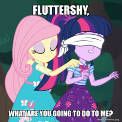 Size: 695x691 | Tagged: safe, edit, edited screencap, imported from derpibooru, screencap, fluttershy, sci-twi, twilight sparkle, equestria girls, equestria girls series, stressed in show, stressed in show: fluttershy, blindfold, caption, cropped, image macro, text