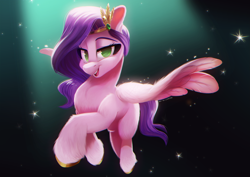 Size: 2829x2000 | Tagged: safe, artist:light262, imported from derpibooru, pipp petals, pegasus, pony, adorapipp, cheek fluff, chest fluff, chromatic aberration, cute, dark, ear fluff, female, fluffy, g5, gradient background, green background, high res, hoof fluff, leg fluff, lidded eyes, looking at you, mare, my little pony: a new generation, no pupils, open mouth, smiling, smiling at you, solo, sparkles, spotlight, spread wings, unshorn fetlocks, wing fluff, wings