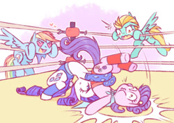 Size: 715x506 | Tagged: safe, alternate version, artist:raridashdoodles, imported from derpibooru, lightning dust, rainbow dash, rarity, suri polomare, pegasus, pony, unicorn, female, german suplex, heart, heart eyes, lesbian, mare, raridash, shipping, sports, suplex, suridust, wingding eyes, wrestling, wrestling ring