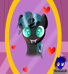 Size: 3840x4154 | Tagged: safe, alternate version, artist:damlanil, imported from derpibooru, oc, oc only, oc:nightlight aura, changeling, pony, blushing, carousel boutique, changelingified, commission, cute, happy, heart, heart eyes, horn, looking at you, mirror, open mouth, simple background, smiling, solo, species swap, vector, wingding eyes