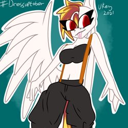 Size: 1280x1280 | Tagged: safe, artist:ukedideka, imported from derpibooru, oc, oc only, oc:lumen afterglow, anthro, pegasus, belly button, breasts, clothes, eye clipping through hair, female, simple background, smiling, solo, tongue out, wings