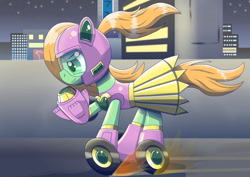 Size: 1280x906 | Tagged: safe, artist:trackheadtherobopony, imported from derpibooru, oc, oc only, oc:goldheart, pony, robot, robot pony, building, city, hoof cannon, roller skates, skating, solo, wheel