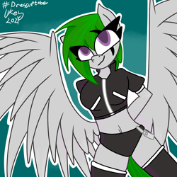 Size: 1280x1280 | Tagged: safe, artist:ukedideka, imported from derpibooru, oc, oc only, oc:quizzical aphre, anthro, pegasus, belly button, breasts, clothes, looking at you, pegasus oc, simple background, smiling, smiling at you, socks, solo, spread wings, thigh highs, wings