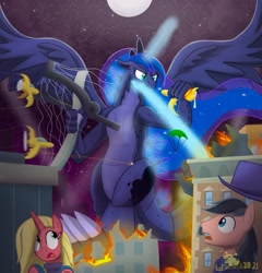 Size: 2655x2767 | Tagged: safe, artist:lordshrekzilla20, imported from derpibooru, princess luna, oc, earth pony, kaiju, pony, unicorn, atomic breath, building, destruction, female, fire, godzilla, high res, kaijufied, lunazilla, male, mare, parachute, plane, stallion