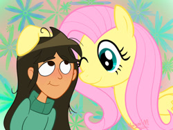 Size: 1024x768 | Tagged: safe, artist:cartuneslover16, imported from derpibooru, fluttershy, human, pegasus, pony, crossover, disney, libby stein-torres, one eye closed, the ghost and molly mcgee