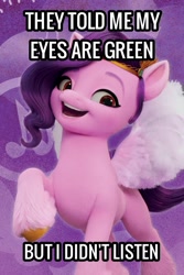 Size: 800x1196 | Tagged: safe, edit, imported from derpibooru, pipp petals, pegasus, pony, exploitable meme, eyebrows, female, g5, i didn't listen, image macro, mare, meme, my little pony: a new generation, open mouth, open smile, purple mane, purple tail, raised hoof, red eyes, red-eyed pipp, smiling, solo, spread wings, tail, unshorn fetlocks, wings