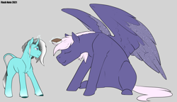 Size: 4852x2793 | Tagged: safe, artist:flash note, imported from derpibooru, oc, oc:moon shield, oc:swift note, pegasus, unicorn, brush, brushies, brushing, magic, size difference