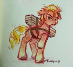 Size: 2402x2184 | Tagged: safe, artist:bubblepurity, imported from derpibooru, sprout cloverleaf, earth pony, pony, annoyed, exhausted, floppy ears, g5, green eyes, high res, male, messy mane, my little pony: a new generation, pencil, pencil drawing, solo, stallion, sweat, traditional art, watermark, wood