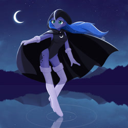 Size: 1280x1280 | Tagged: safe, artist:howxu, imported from derpibooru, princess luna, human, equestria girls, adorasexy, blushing, boots, breasts, cloak, clothes, commission, cosplay, costume, cute, cutie mark, cutie mark on equestria girl, female, flowing hair, gloves, higu heel boots, hood, humanized, leotard, moon, night, pony coloring, raven (dc comics), sexy, smiling, socks, solo, stars, thigh boots, walking on water