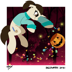 Size: 3000x3000 | Tagged: safe, artist:supermoix, imported from derpibooru, oc, oc only, oc:marychan, pony, unicorn, candy, candy corn, commission, cute, floating, food, halloween, high res, holiday, jack-o-lantern, lollipop, piercing, pumpkin, simple background, solo, spooky, ych result