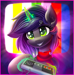 Size: 2000x2040 | Tagged: safe, artist:atlas-66, imported from derpibooru, oc, oc only, oc:elis, oc:elis moon, oc:moonsonat, pony, unicorn, controller, game, glowing, glowing horn, high res, horn, magic, nintendo, nintendo entertainment system, retro, solo, telekinesis